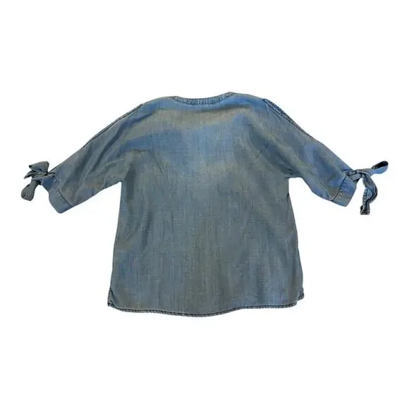 Velvet Heart Embroidered Blouse Aztec Chambray Tie Sleeve Peep ShoulderSize XS - Picture 2 of 10